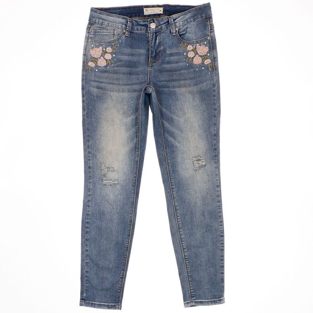 Angel Kiss Skinny Jeans Size 9 Juniors Embroidered Distressed Measures 30 x 27.5
